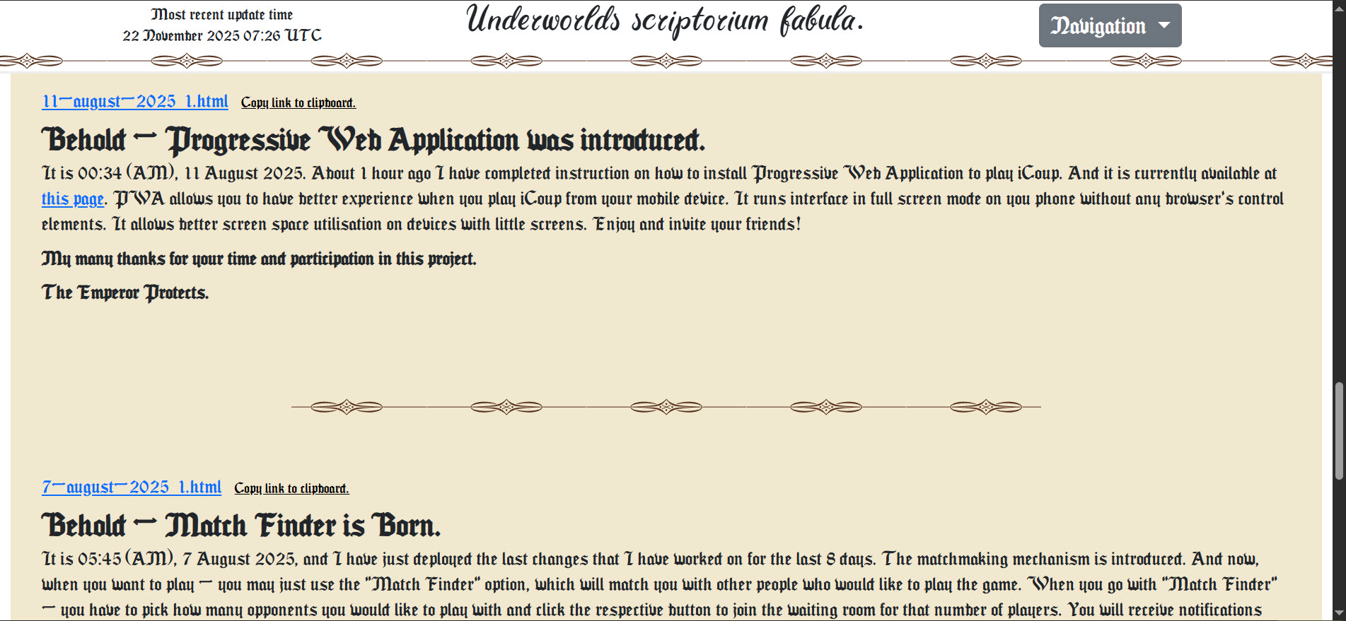 Screenshot der Scriptorium-Fabula-Seite mit Teiler zwischen den Fabulas.