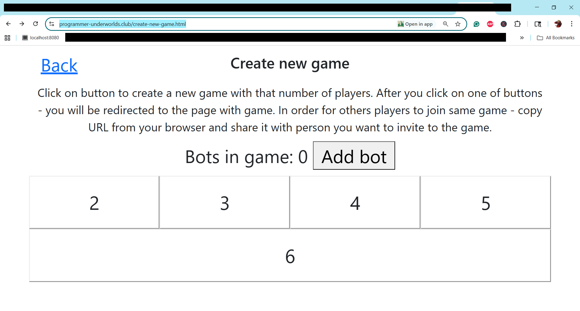 Screenshot der Seite 'Neues Spiel erstellen', der die Schaltfläche 'Bot hinzufügen' zeigt.