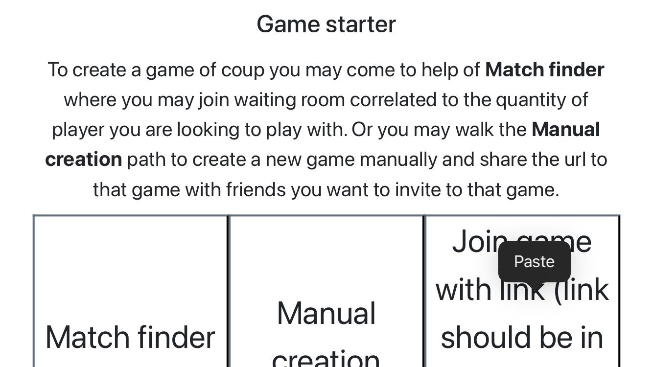 Screenshot der Spielstartseite, nachdem der Spieler auf den Button 'Spiel mit Link beitreten (Link sollte in Ihrer Zwischenablage sein)' tippt.