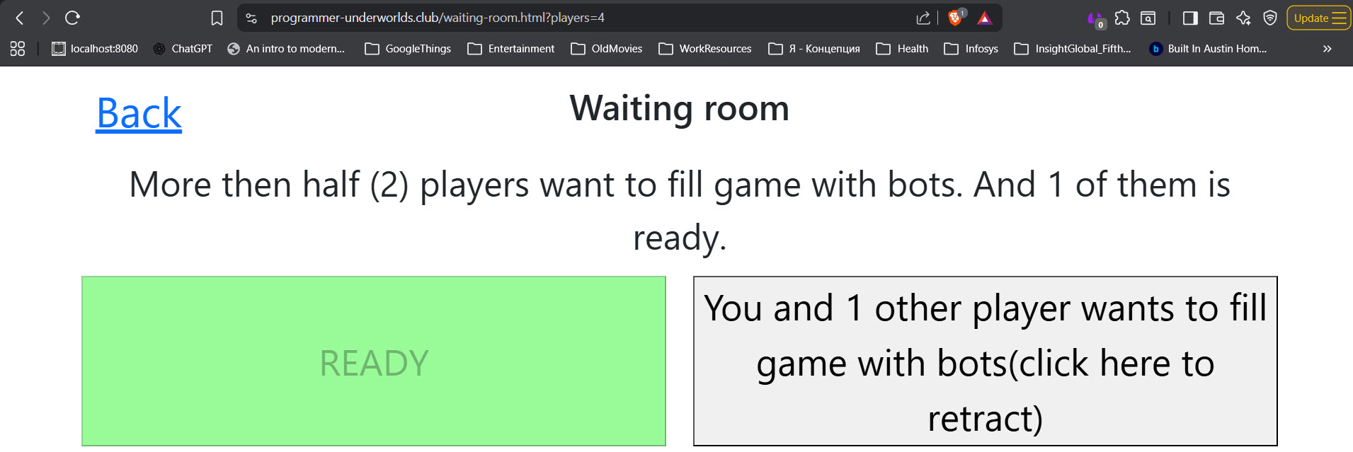 Screenshot der Seite „Warteraum“, wenn mehr als die Hälfte der Spieler dafür gestimmt hat, das Spiel mit Bots zu füllen und einer der Spieler den „BEREIT“-Button geklickt hat.