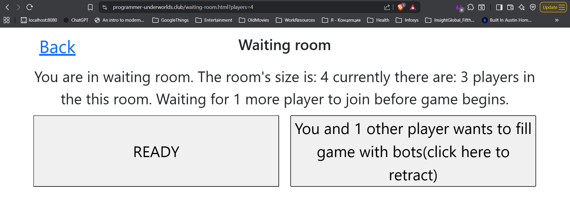 Screenshot der Seite „Warteraum“, wenn mehr als die Hälfte der Spieler dafür gestimmt hat, das Spiel mit Bots zu füllen.