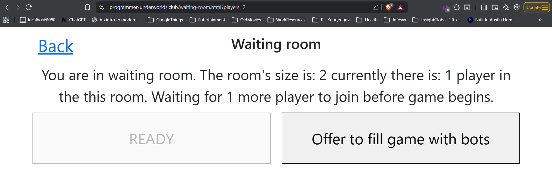 Screenshot der Seite „Warteraum“ mit dem Button „Angebot, das Spiel mit Bots zu füllen“.